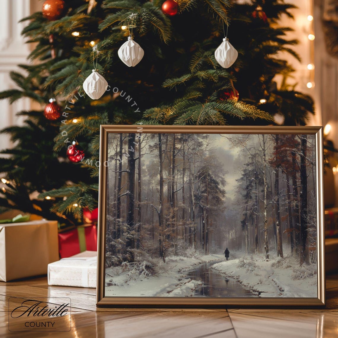 Snowy Winter Forest Path with Lone Walker Frozen Stream Poster - Image 3