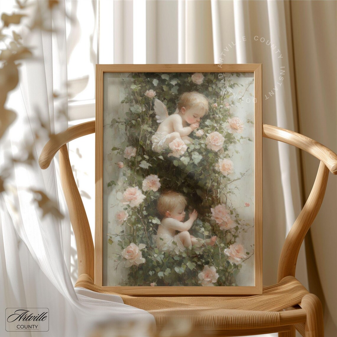 Sleeping Baby Angels Roses Vintage Nursery Floral Painting Poster - Image 2