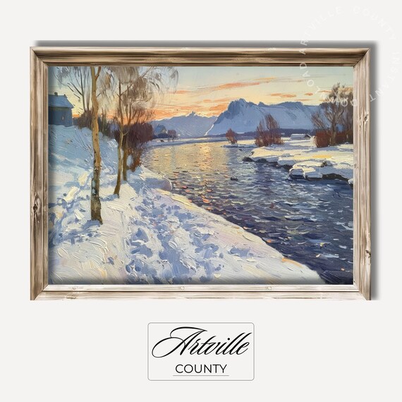 Snowy River At Sunset With Snowy Mountains Winter Scene Poster
