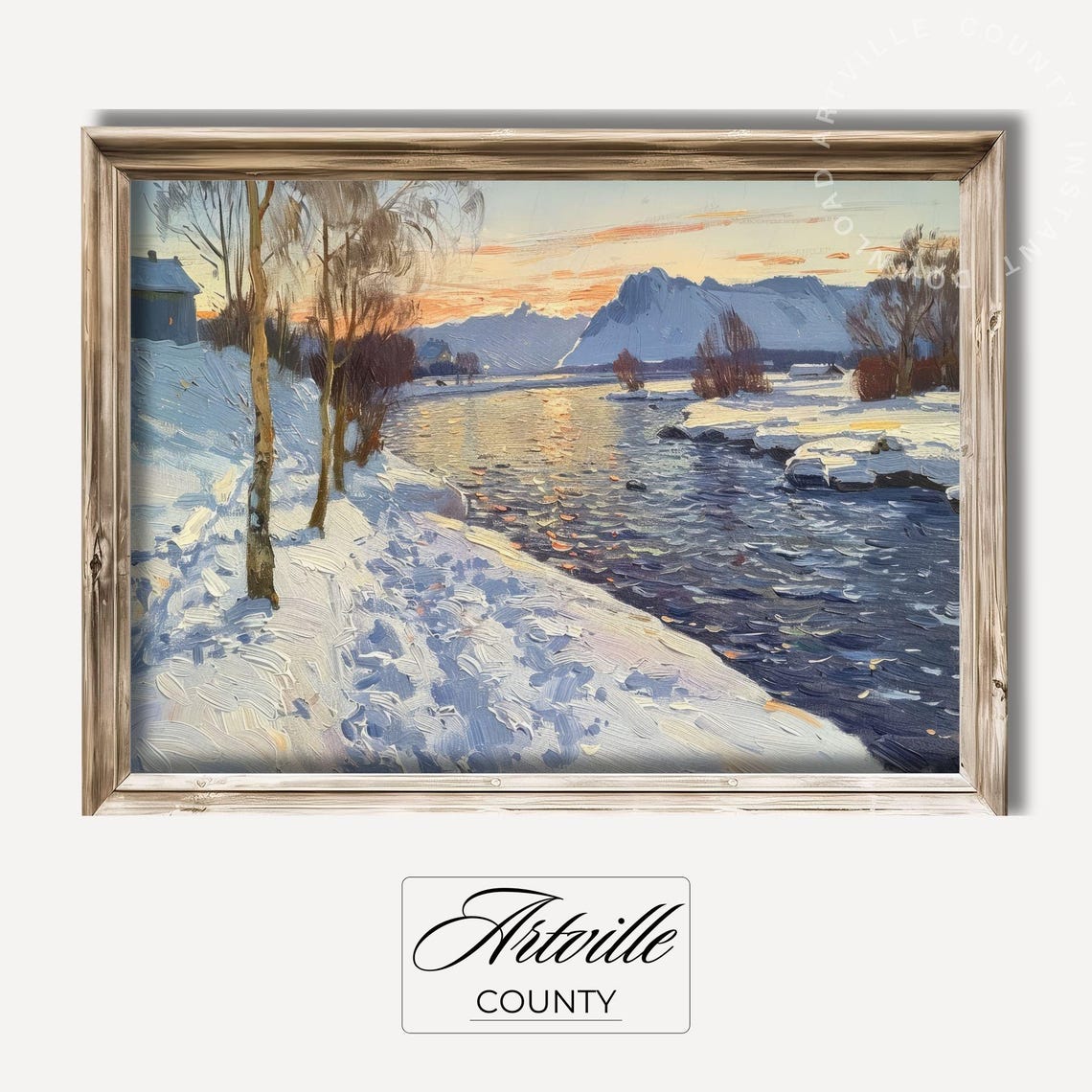 Snowy River At Sunset With Snowy Mountains Winter Scene Poster
