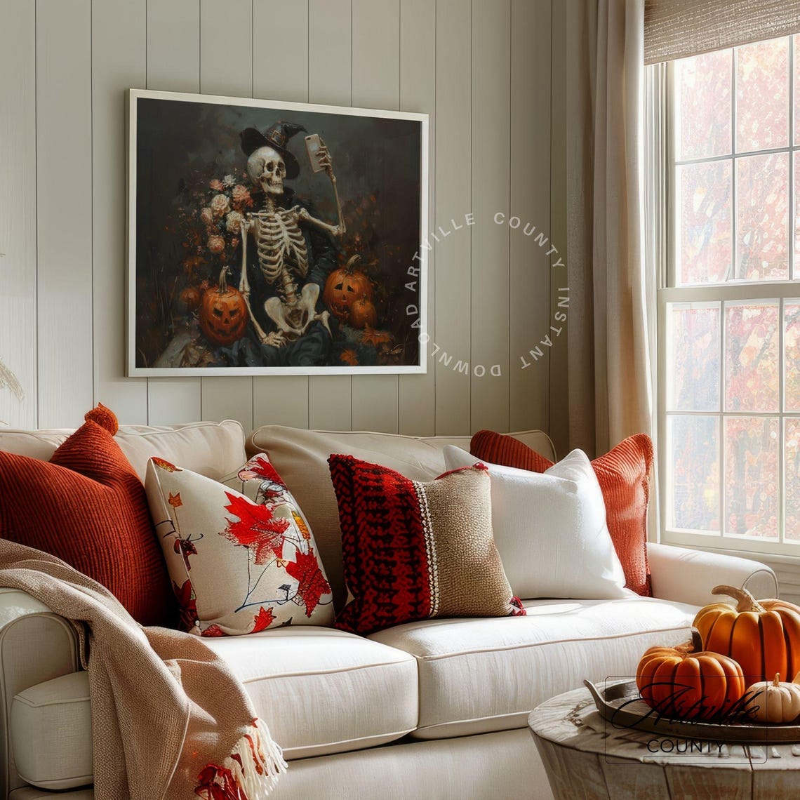 Skeleton in Witch Hat Selfie with Jack-o-Lanterns Gothic Poster - Image 4