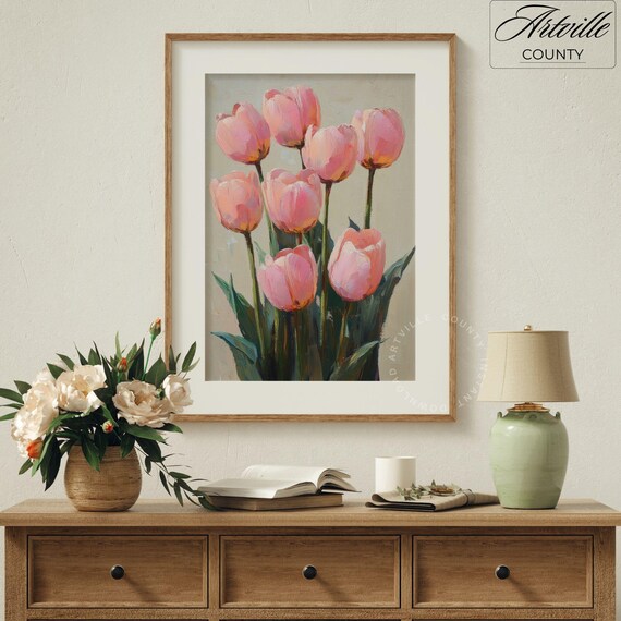 Pink Tulip Painting Vintage Botanical Print Spring Floral Wall Art Farmhouse Decor Gift For Mom