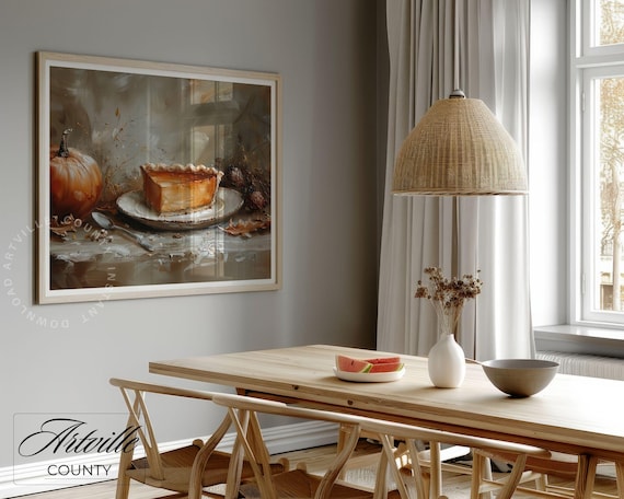 Pumpkin Pie Painting Vintage Fall Wall Art Rustic Thanksgiving Autumn Food Print Farmhouse Kitchen Decor