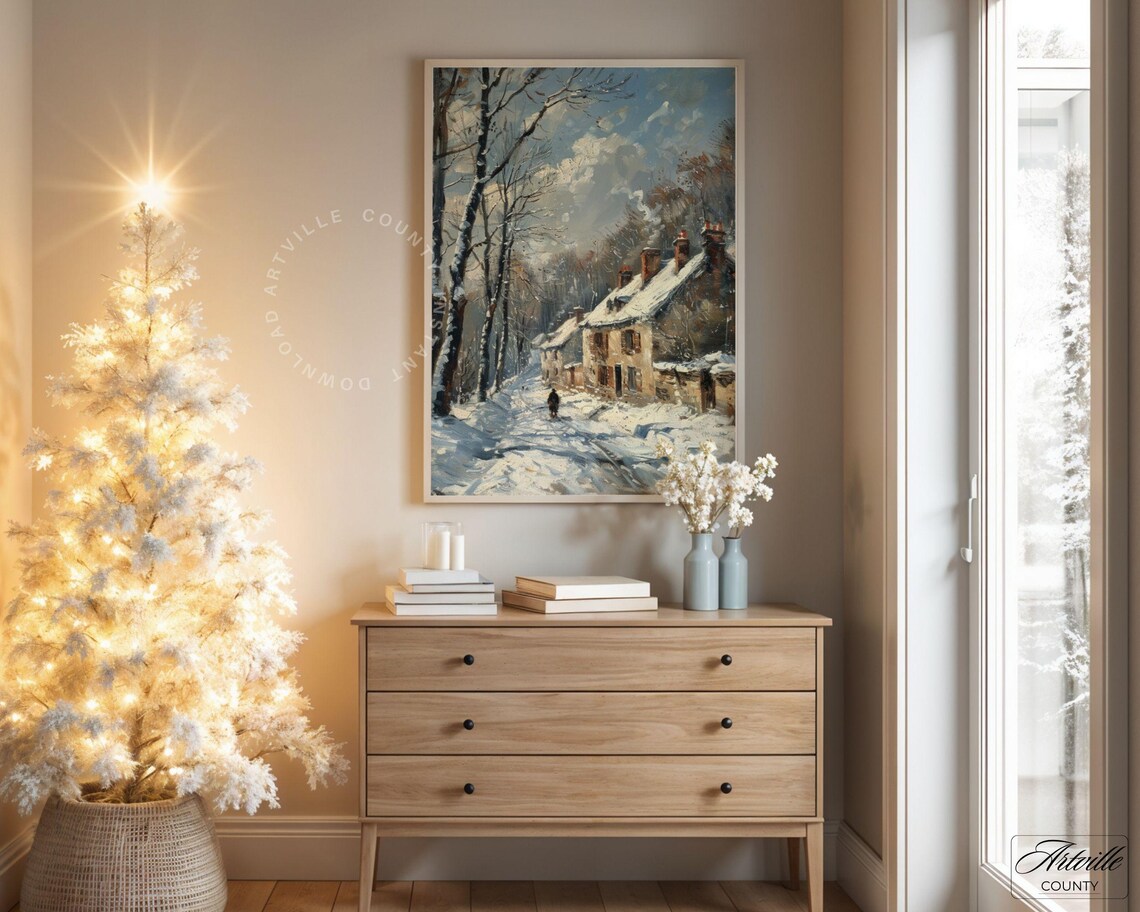Cottage Winter Landscape, Snowy Country Road Art Print