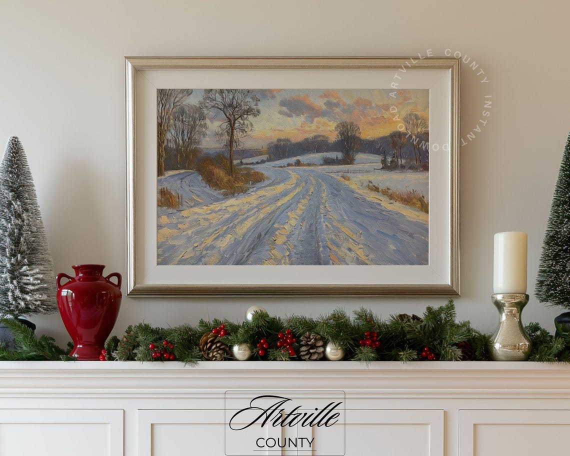 Snowy Country Road Winter Sunset Golden Light Landscape Poster - Image 5