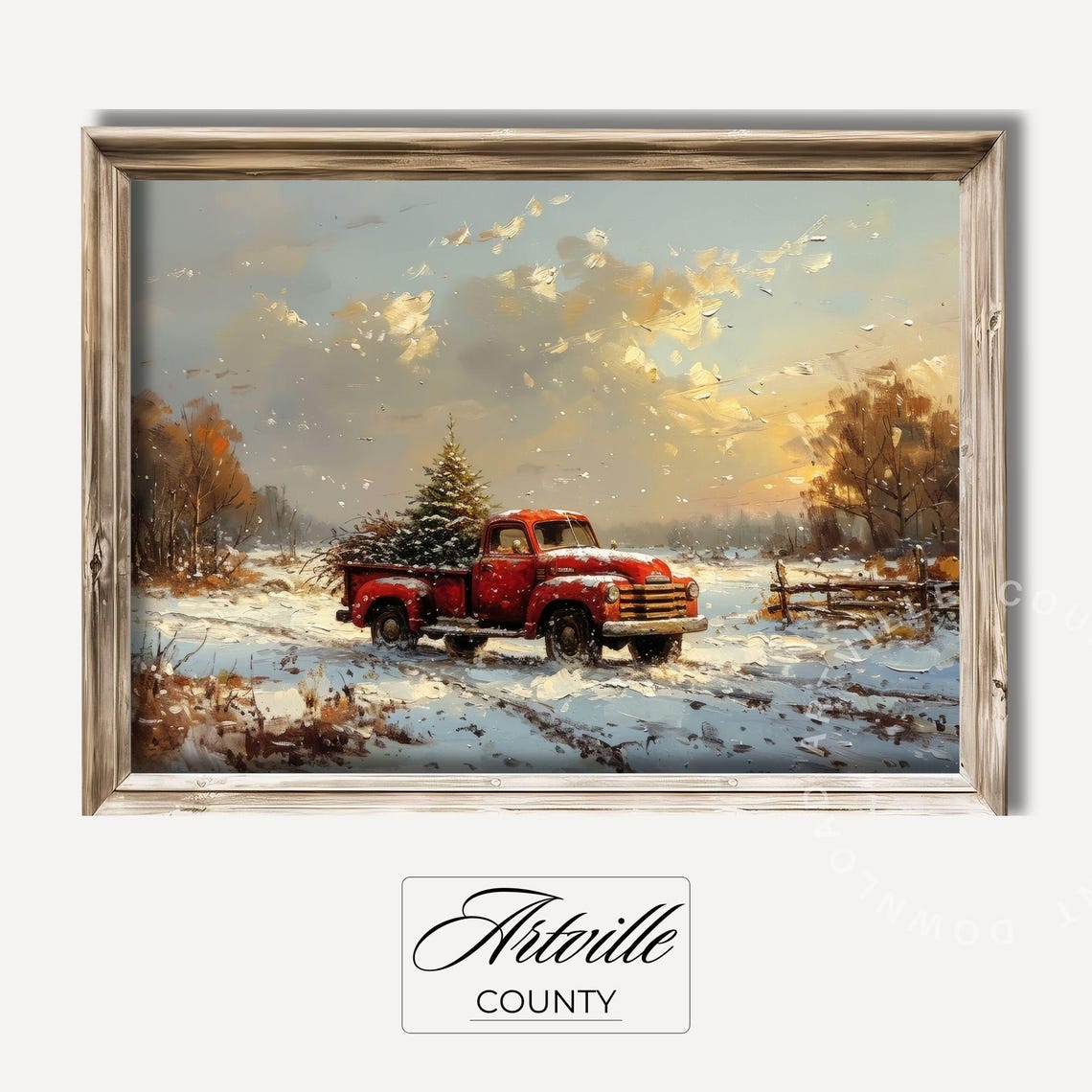 Red Vintage Pickup Truck Christmas Tree Snowy Sunset Farm Poster