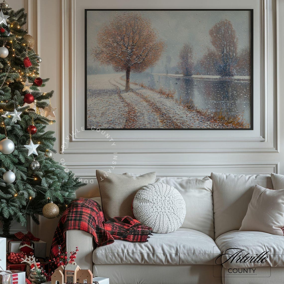 First Snow Dusting Autumn Trees River Mist Neutral Winter Scene Poster - Image 4