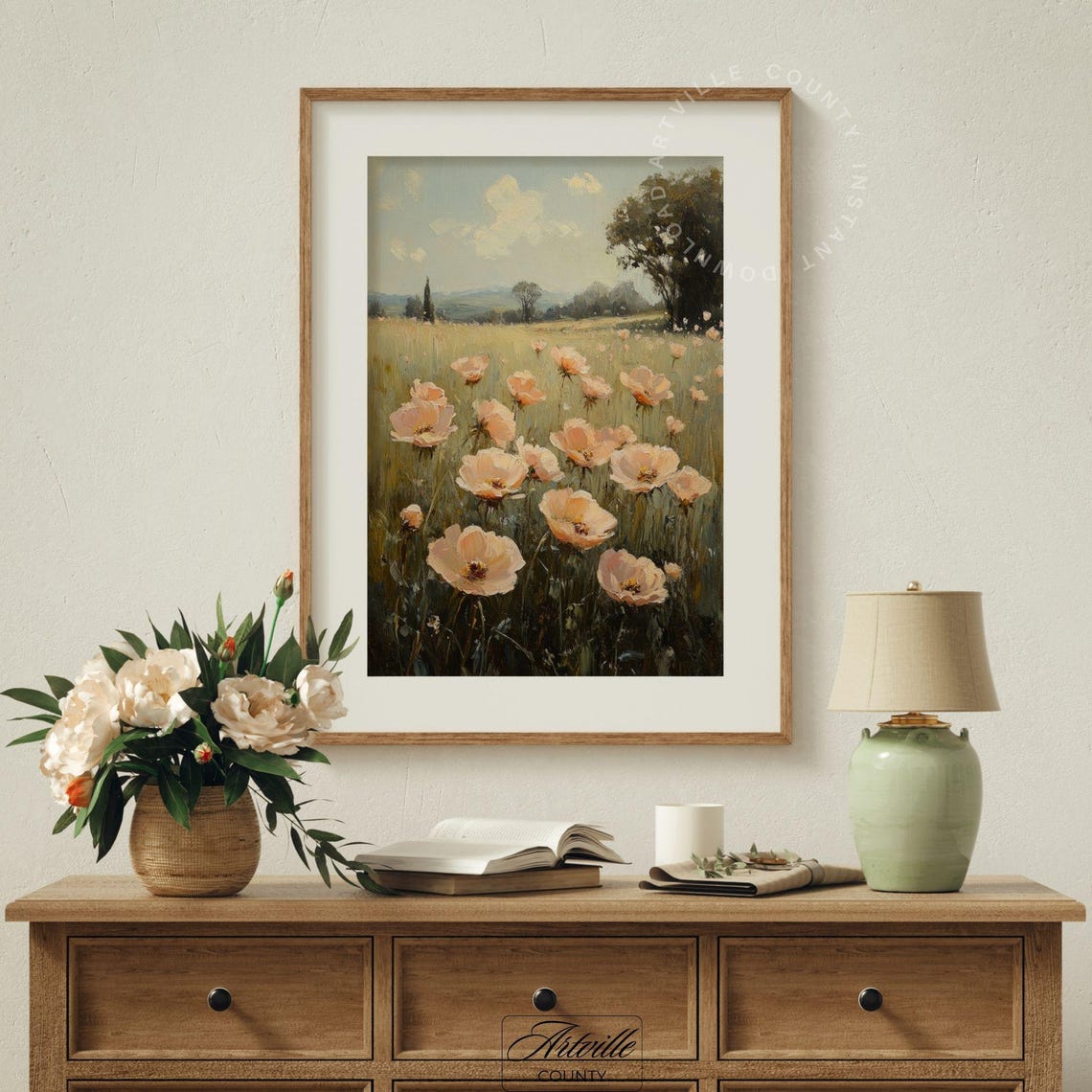 Peach Wildflowers Meadow Vintage Floral Landscape Painting Poster