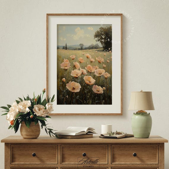 Peach Tone Wildflowers Wall Art Spring Flower Print Country Landscape Painting Vintage Floral Farmhouse Decor