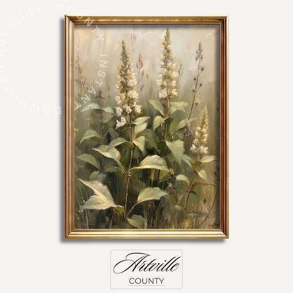 Vintage Botanical Art Print Neutral Tone Flowers Painting Floral Wall Farmhouse Decor Rustic
