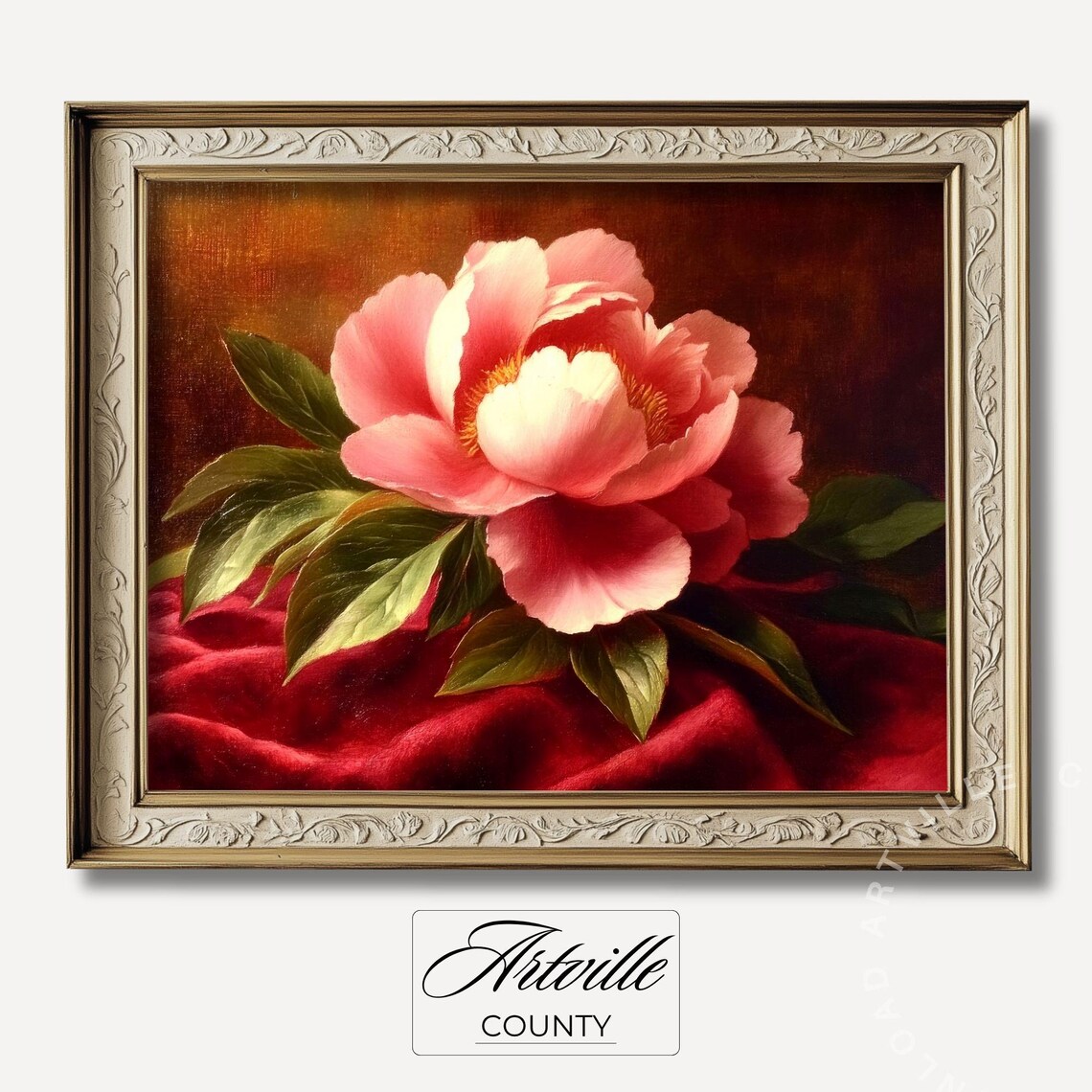 Moody Peony Flower Painting, Vintage Floral Art Print