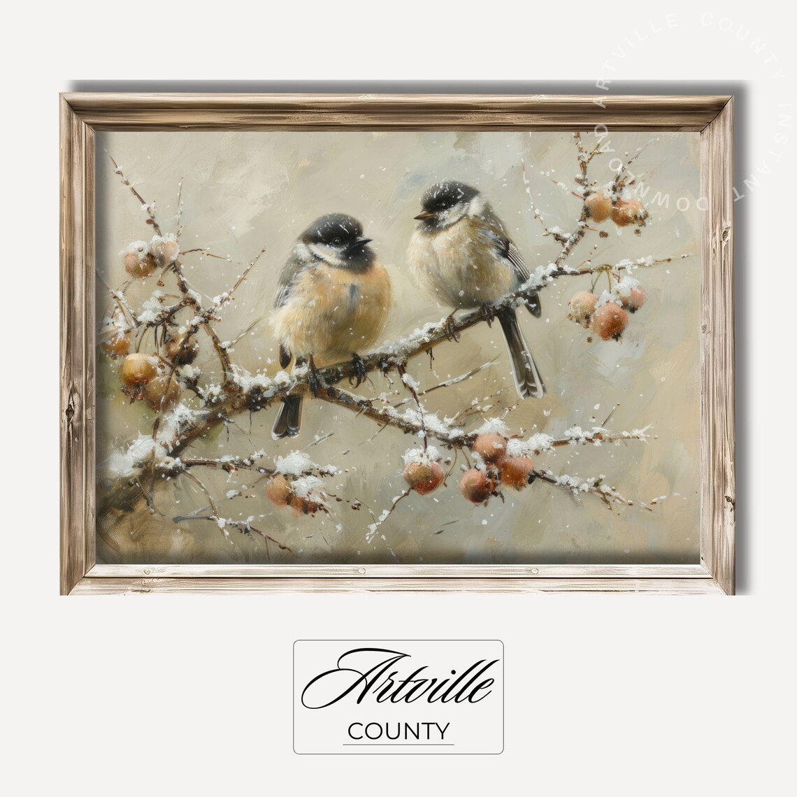Birds Winter Vintage Oil Painting Christmas Wall Art