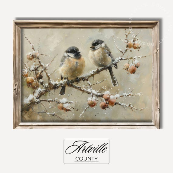 Birds Winter Vintage Oil Painting Christmas Wall Art