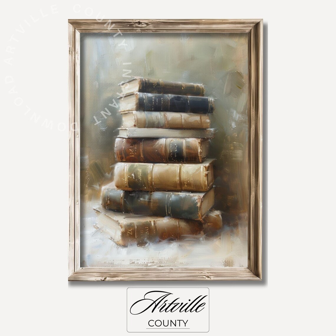 Vintage Books Oil Painting, Rustic Study Decor