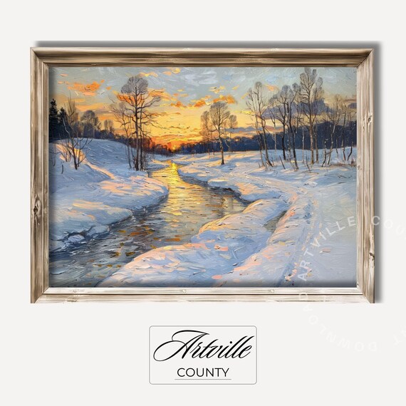 Golden Sunset Winter River Snowy Meadow Impressionist Art Poster
