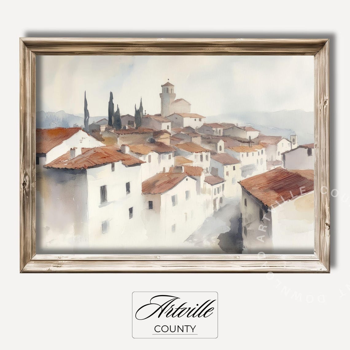 European Hilltop Village Rooftops Soft Watercolor Art Poster