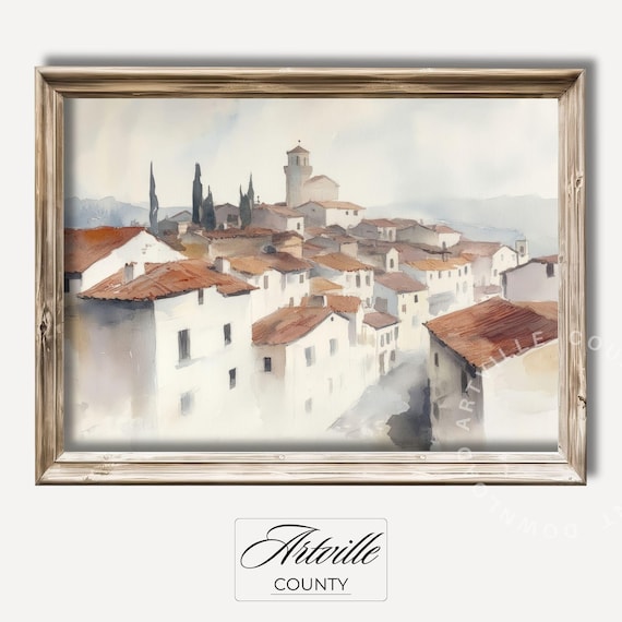 European Hilltop Village Rooftops Soft Watercolor Art Poster
