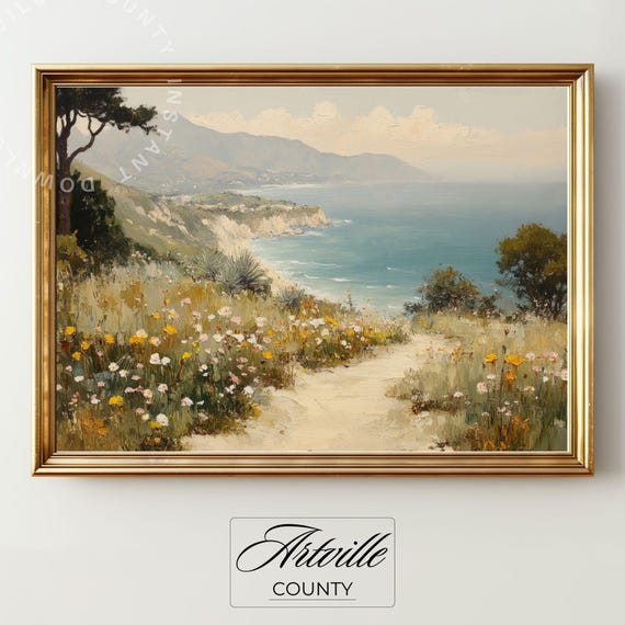 Vintage Seascape Painting Summer Beach Wall Art Wildflowers Print Poster Coastal Decor Spring Landscape
