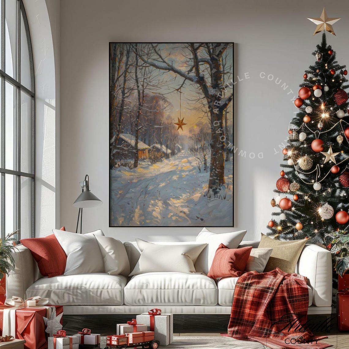 Glowing Christmas Star Hanging Over Snowy Woods Sunset Winter Poster - Image 5
