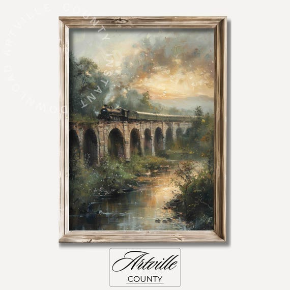 Vintage Steam Train Painting Stone Bridge Art Print Sunset Landscape Oil Painting Locomotive Train Wall Art