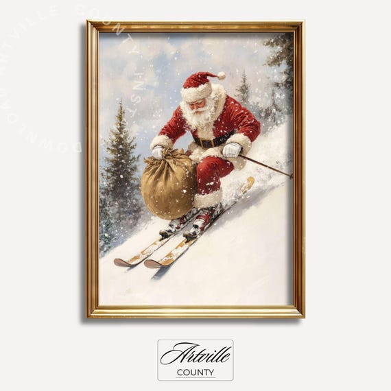 Santa Claus On Skis Painting Rustic Christmas Wall Art Vintage Winter Holiday Decor Retro Poster Unique Xmas