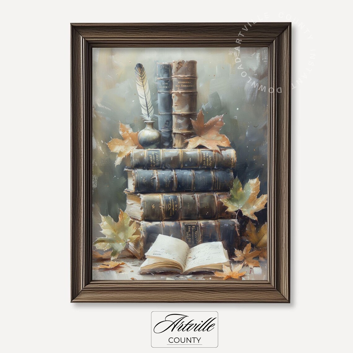 Vintage Book Stack Painting, Antique Library Wall Art