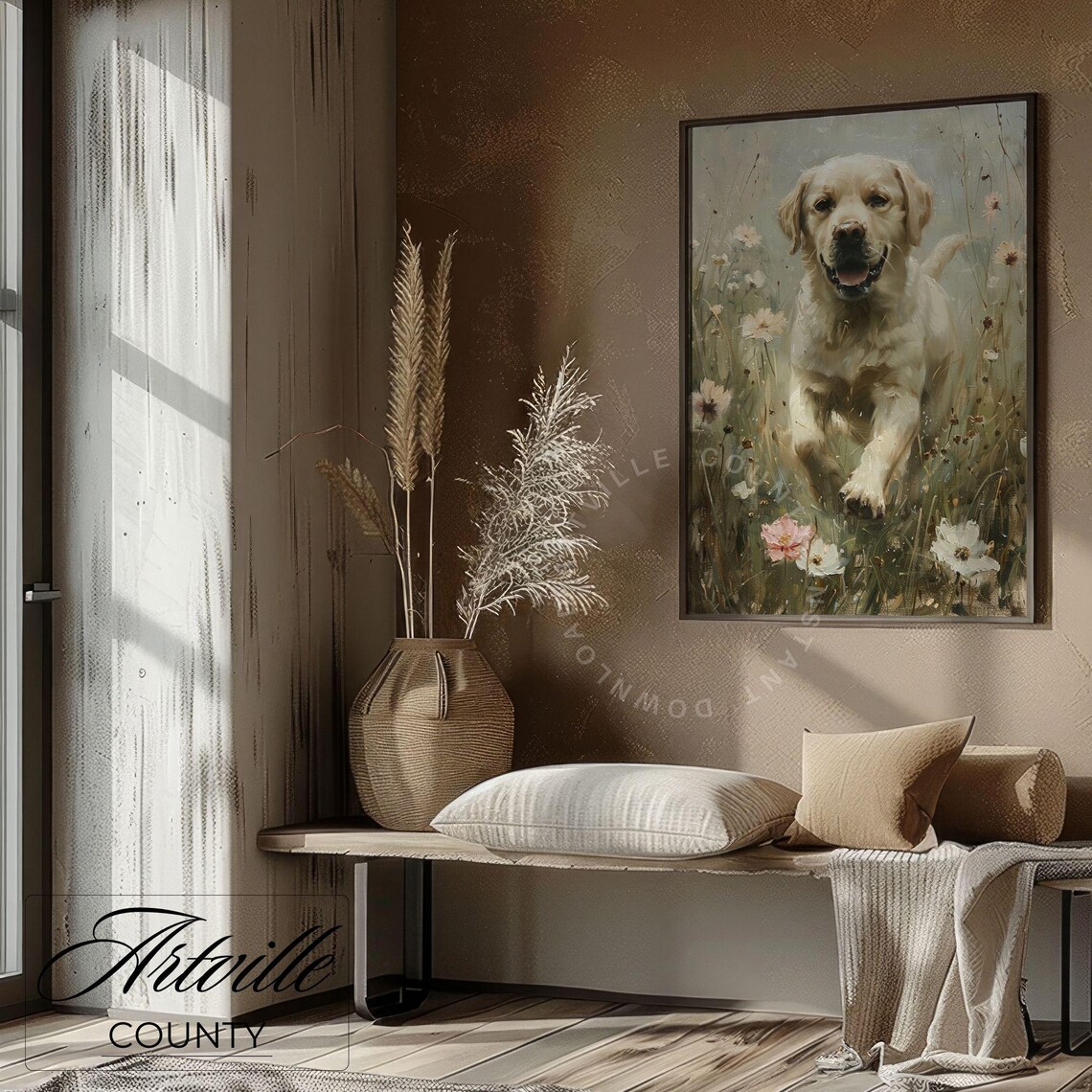 Smiling Yellow Labrador Retriever Running Through Wildflowers Poster - Image 4