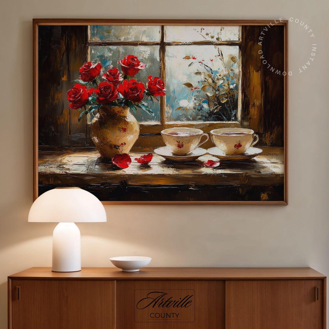 Red Roses Teacups Moody Vintage Kitchen Still Life Painting Poster - Image 4