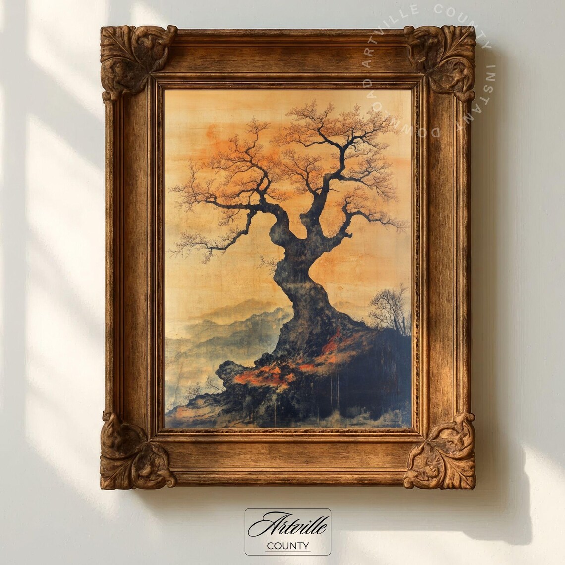 Ancient Twisted Tree Japanese Ink Painting Golden Sunset Zen Landscape Wall Art