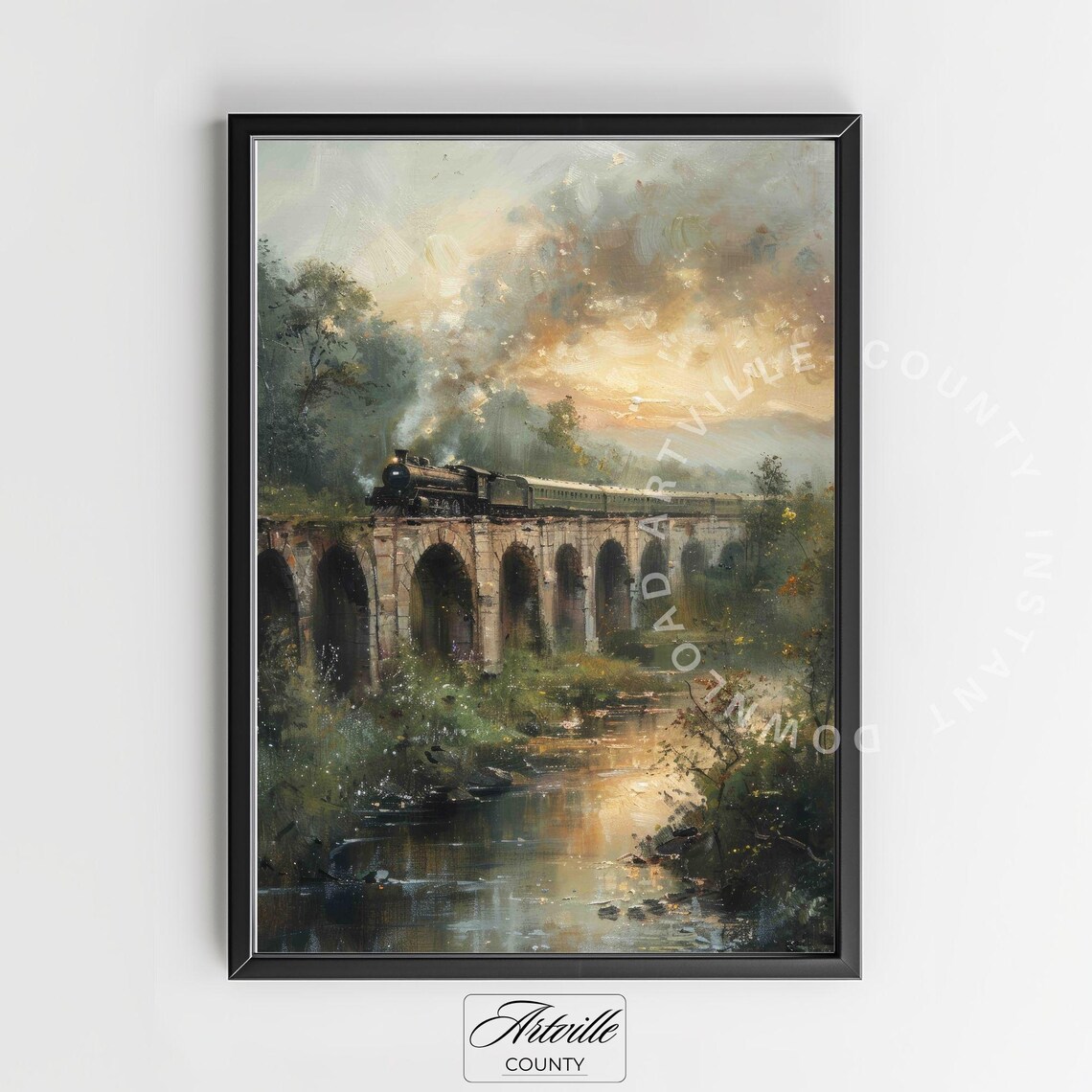 Vintage Steam Train Gallery Wall Set Antique Locomotive Train Prints Countryside Landscape Oil Painting Moody Travel Wall Art