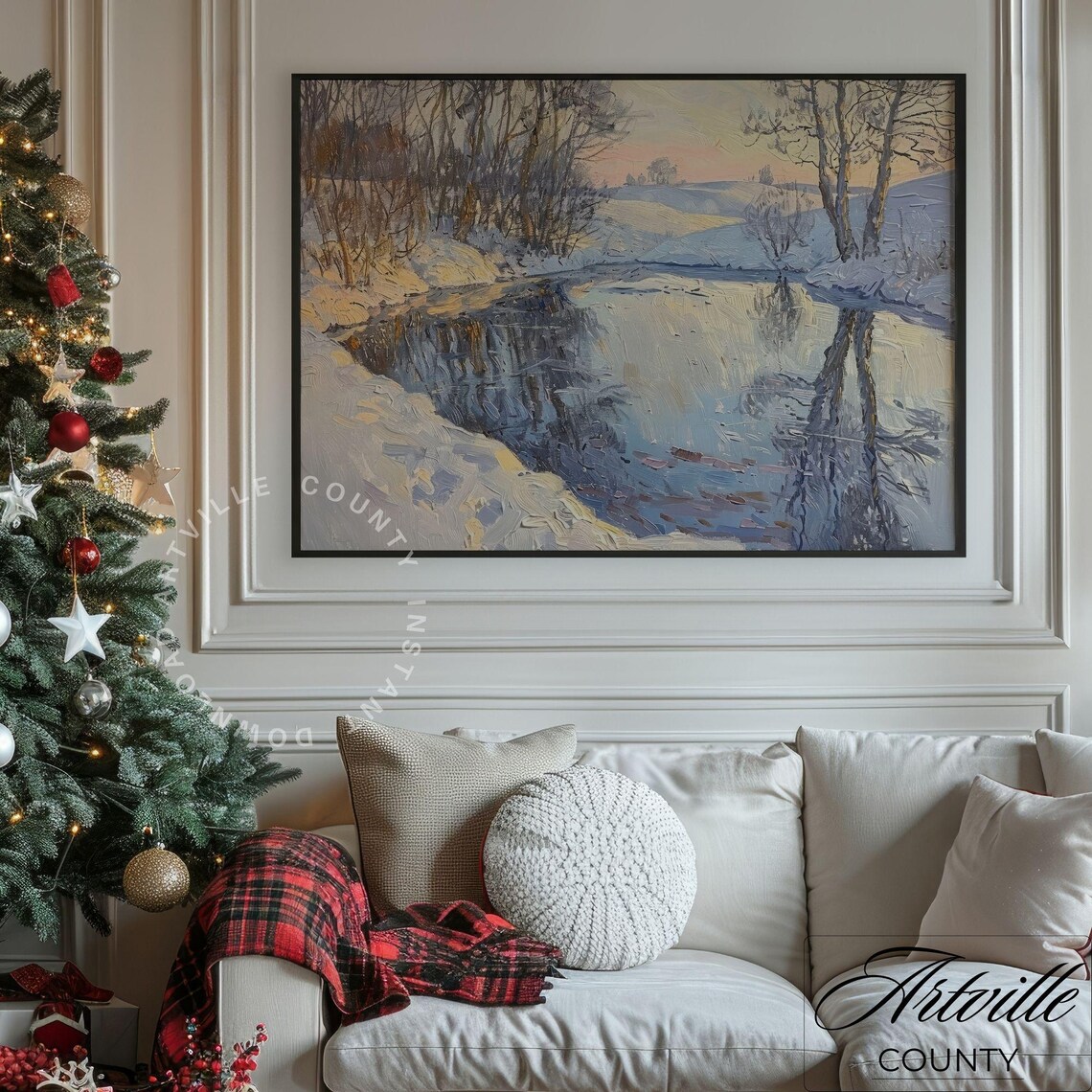 Winter River Sunset Snowy Banks Impressionist Oil Painting Poster - Image 3