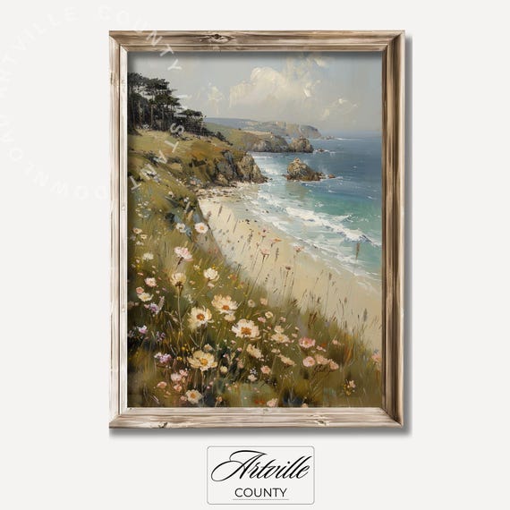 Vintage Coastal Painting Summer Seascape Wall Art Wildflowers Print Poster Beach Decor Spring Landscape