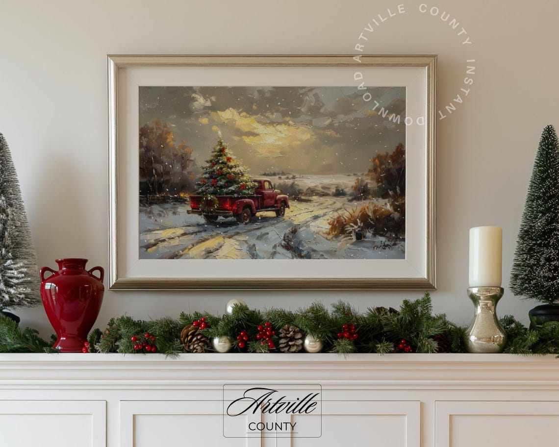 Red Vintage Truck Carrying Christmas Tree On Snowy Road Poster - Image 4