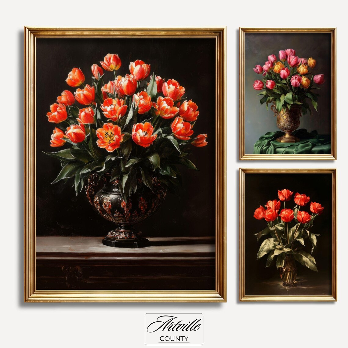 Vintage Tulip Still Life Oil Painting Three Piece Set Poster