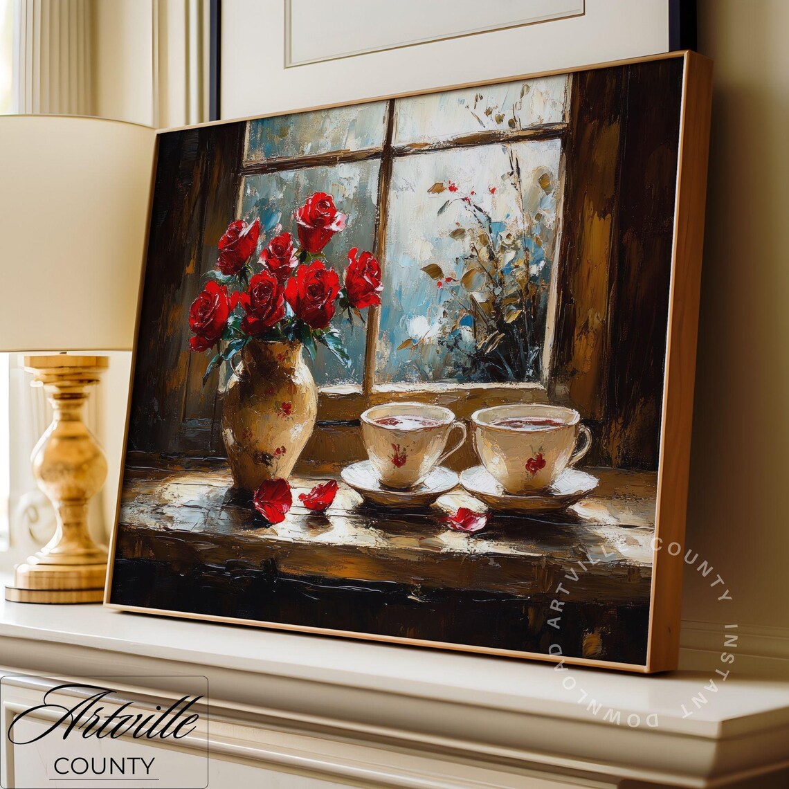 Red Roses Teacups Moody Vintage Kitchen Still Life Painting Poster - Image 3