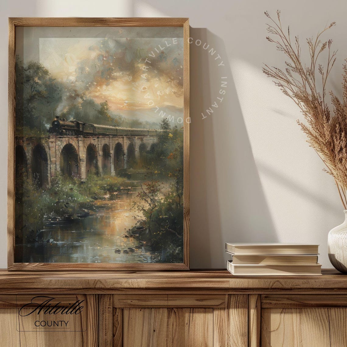 Steam Train Stone Viaduct Sunset River Vintage Landscape Poster - Image 3