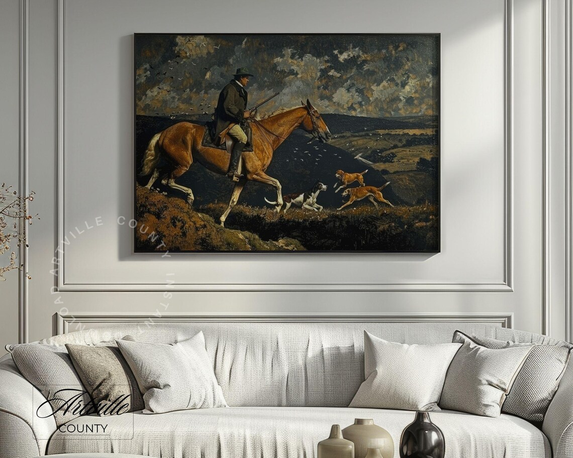 Horseback Hunter Hounds Moody Moorland Vintage Equestrian Poster - Image 3
