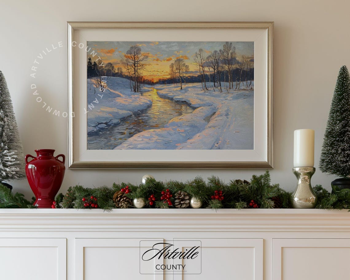 Golden Sunset Winter River Snowy Meadow Impressionist Art Poster - Image 5