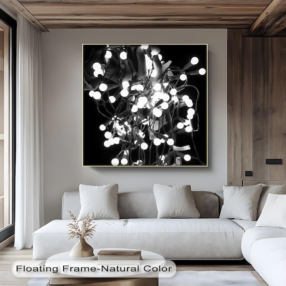 Abstract String Lights Canvas Art Modern Black And White Glow