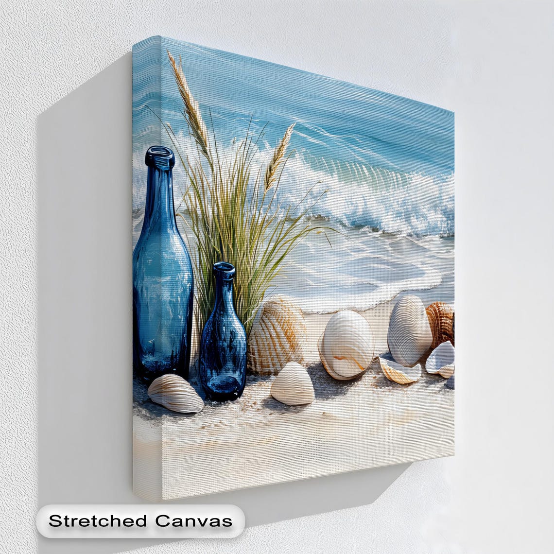 Seashell Beach Blue Glass Bottles Coastal Waves Canvas Wall Art