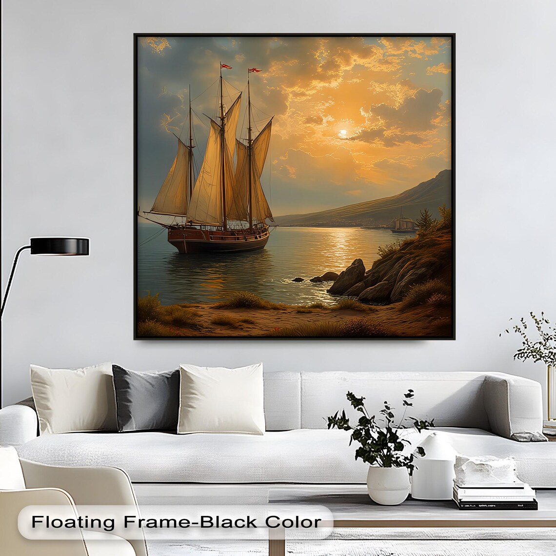 Sailing Ship At Golden Sunset Bay Oil Painting Style Nautical Poster