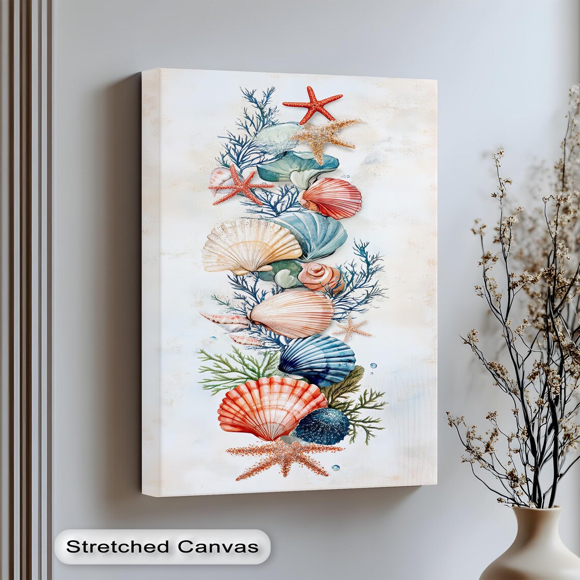 Vertical Seashell Canvas Art Coastal Watercolor Shells Starfish