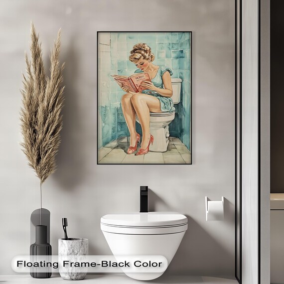Retro Pinup Girl Bathroom Canvas Art Humorous Vintage Restroom Decor