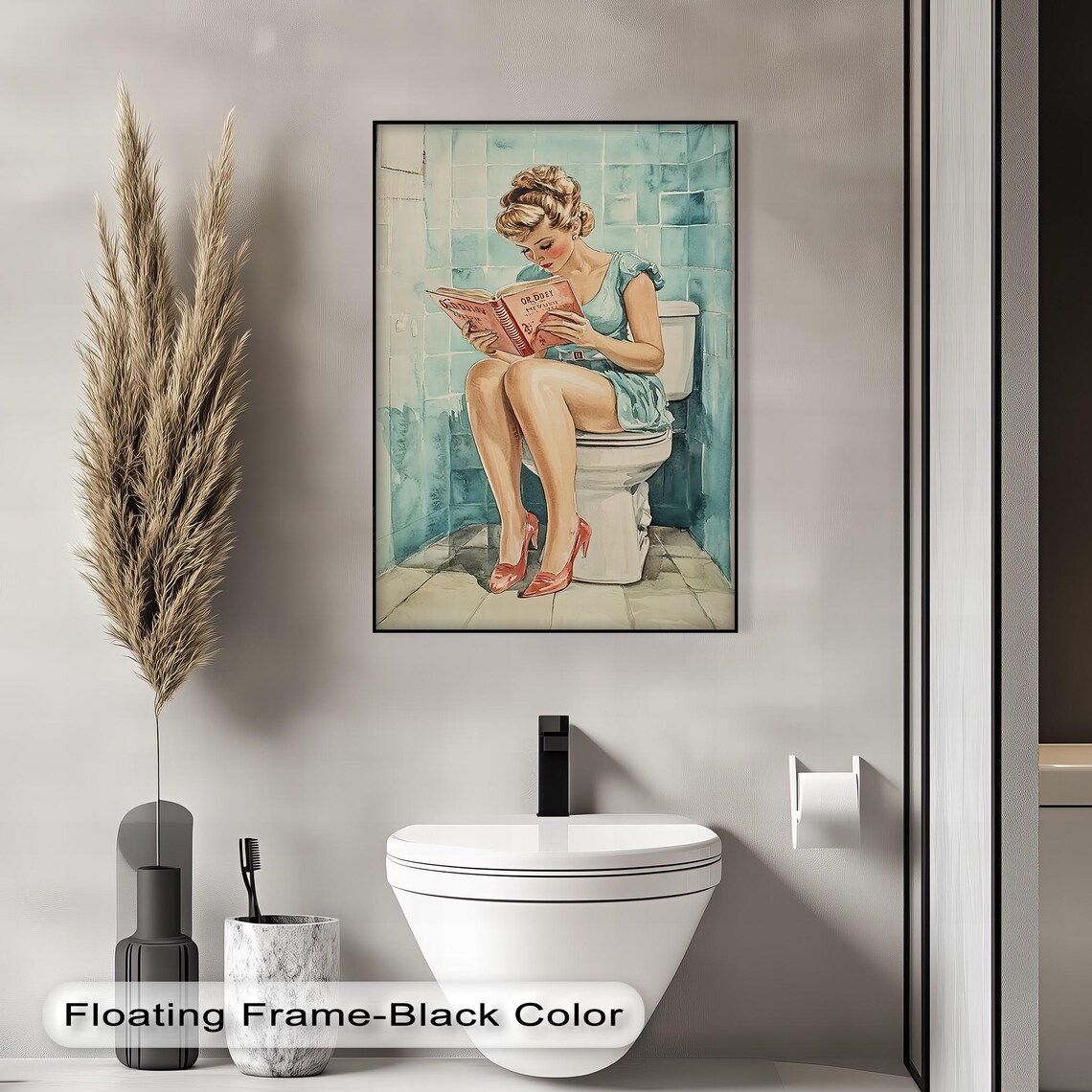 Vintage Pinup Girl Reading Magazine on Toilet Funny Bathroom Poster