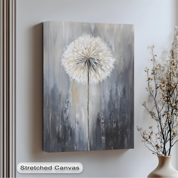 Dandelion Canvas Wall Art Textured Neutral Tones Floating Black Frame
