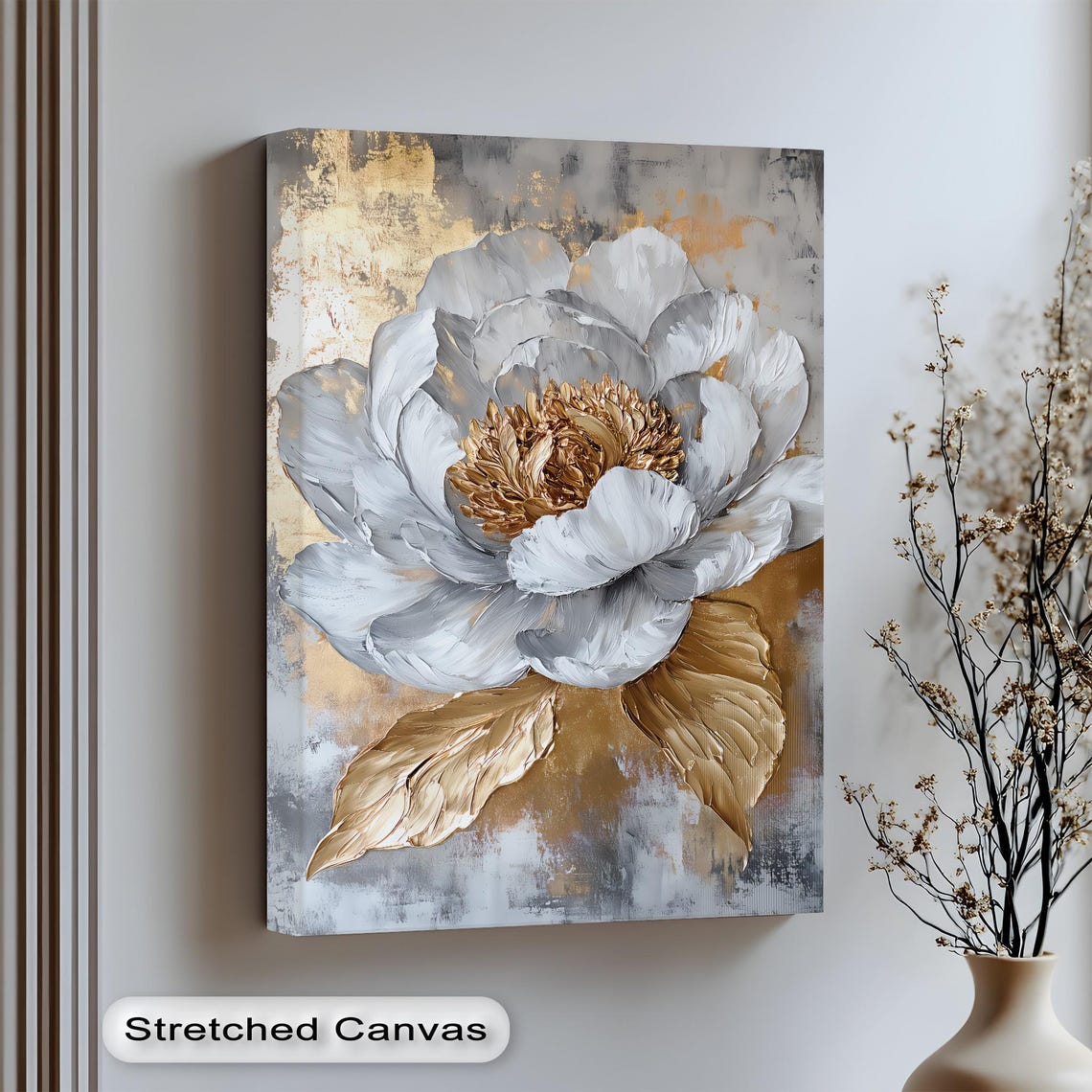 White Gold Peony Textured Impasto Luxe Metallic Floral Wall Art