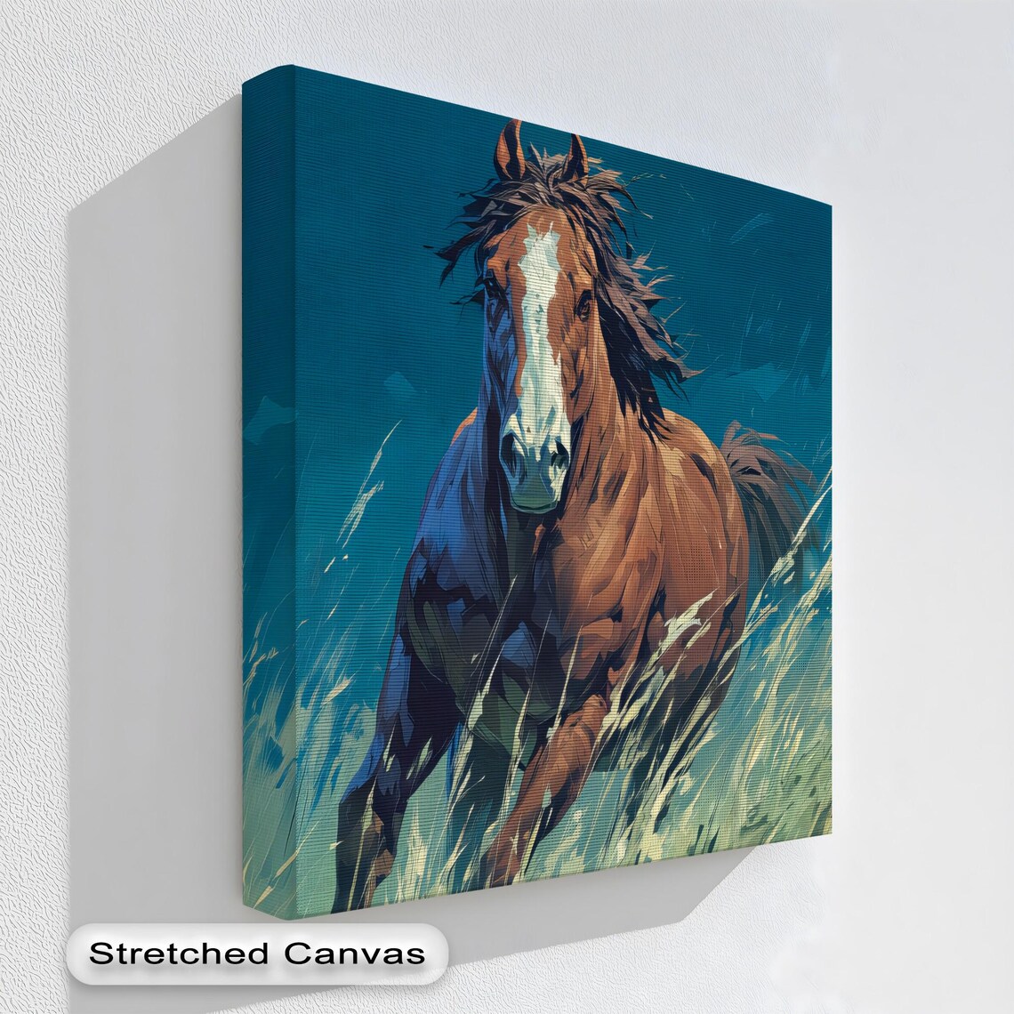 Wild Horse Head Close Up Portrait Teal Background Painterly Wall Art