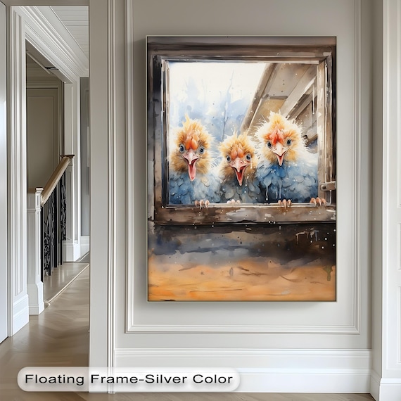 Funny Chickens Watercolor Print For Rustic Farmhouse Kitchen Decor