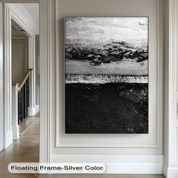 Textured Abstract Black And White Canvas Wall Art Modern Minimal Poster Framed Decor