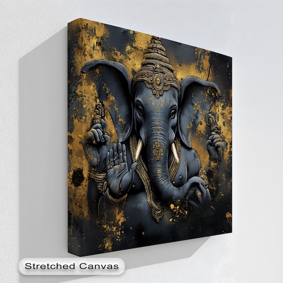 Blue Ganesha Canvas Wall Art Hindu God With Gold Accents Natural Frame